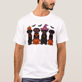ハロウィンのカボチャ、コウモリ、魔女とブラックラブラドール Tシャツ
