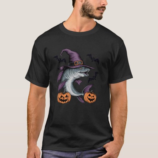 ハロウィンのカボチャ コウモリ 魔女 バラクーダ 魚 スケアリー Tシャツ (正面)