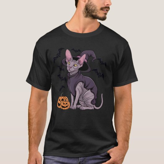 ハロウィンのカボチャ コウモリ 魔女 猫 Tシャツ (正面)