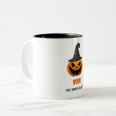 ハロウィンのカボチャ「ブー!」- 名前入りカスタム ツートーンマグカップ (正面左)