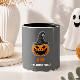 ハロウィンのカボチャ「ブー!」- 名前入りカスタム ツートーンマグカップ
