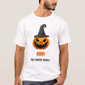 ハロウィンのカボチャ「ブー!」- 名前入りカスタム Tシャツ (正面)