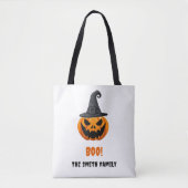 ハロウィンのカボチャ「ブー!」- 名前入り トートバッグ (正面)