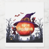 ハロウィンのカボチャ、猫、魔女の帽子 ワインラベル (シングルラベル)