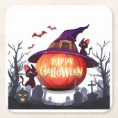 ハロウィンのカボチャ、猫、魔女 スクエアペーパーコースター (正面)