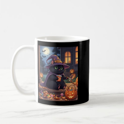 ハロウィンのカボチャ 黒猫と可愛いネズミ コーヒーマグカップ (左)