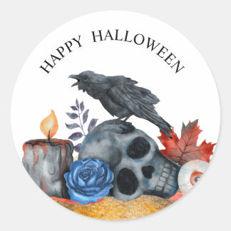 ハロウィンのカラス頭蓋骨目玉水彩 ラウンドシール