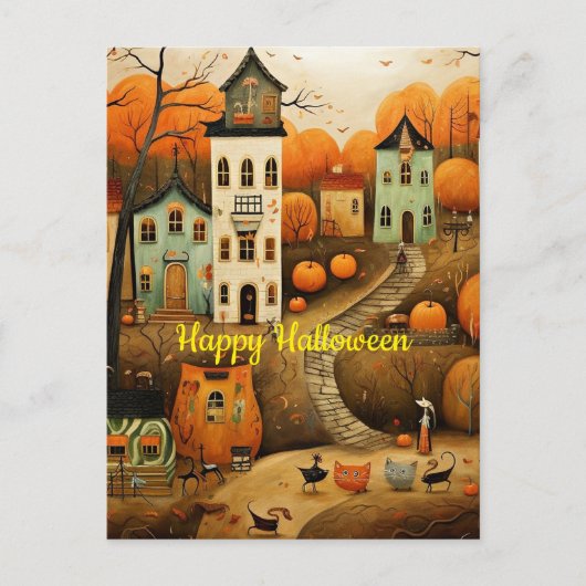 ハロウィンのカラフルイラスト ポストカード (正面)