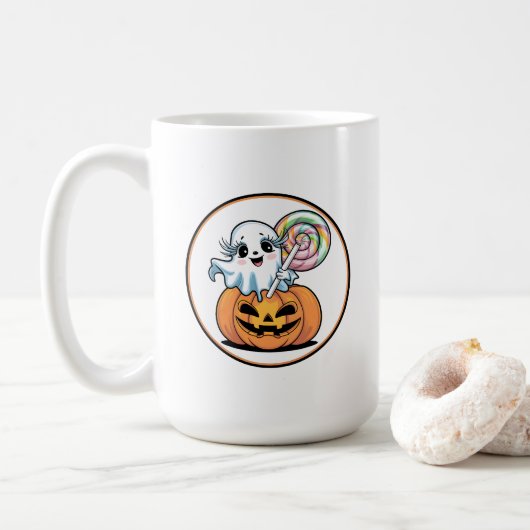 ハロウィンのキャンディーを持ったおばけとカボチャ コーヒーマグカップ (ドーナツ)