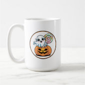 ハロウィンのキャンディーを持ったおばけとカボチャ コーヒーマグカップ (左)