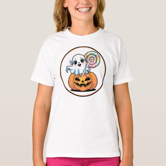 ハロウィンのキャンディーを持ったおばけとカボチャ Tシャツ (正面)