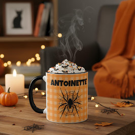 ハロウィンのクモのオレンジギンガムチェック マグカップ