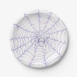 ハロウィンのクモの巣にいるラベンダーのクモ ペーパープレート