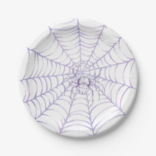 ハロウィンのクモの巣にいるラベンダーのクモ ペーパープレート