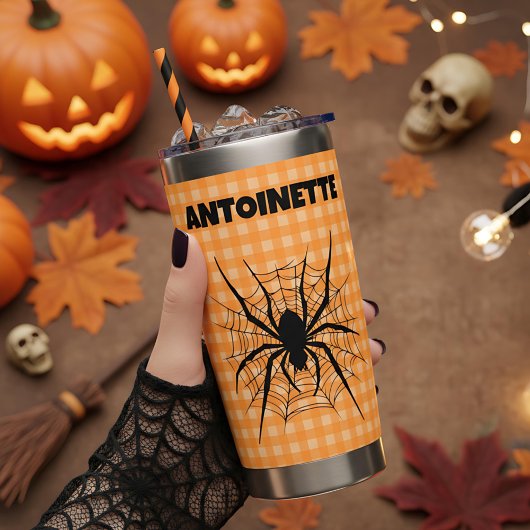 ハロウィンのクモの巣のオレンジギンガムチェック 保温保冷タンブラー