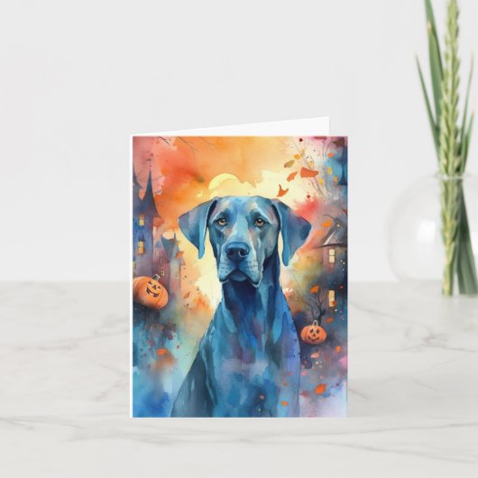 ハロウィンのグレートデーンとカボチャの怖いデザイン カード (正面)