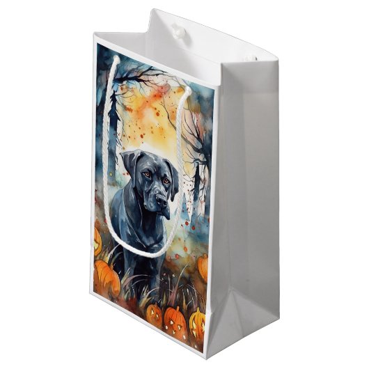 ハロウィンのケーン・コルソとカボチャの怖いデザイン スモールペーパーバッグ (正面アングル)