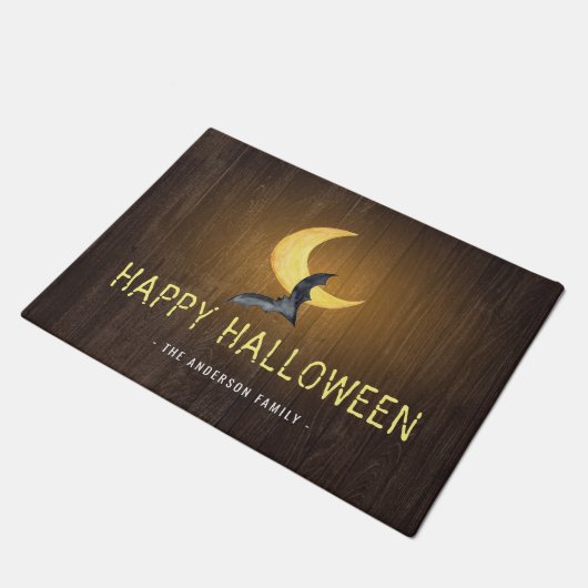 ハロウィンのコウモリと月 レトロな背景 ドアマット (アングル)