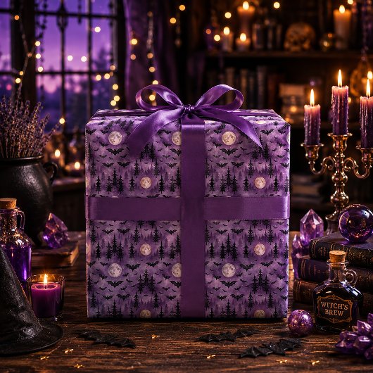 ハロウィンのコウモリと満月 紫の森 ラッピングペーパー