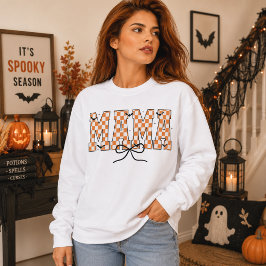 ハロウィンのコウモリのタイポグラフィが入ったママ チェッカーボウ スウェットシャツ