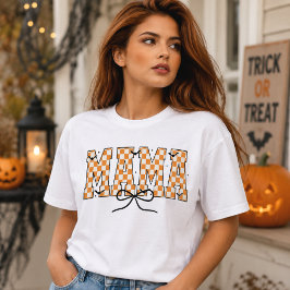 ハロウィンのコウモリのタイポグラフィと市松模様のママのリボン トライブレンドTシャツ