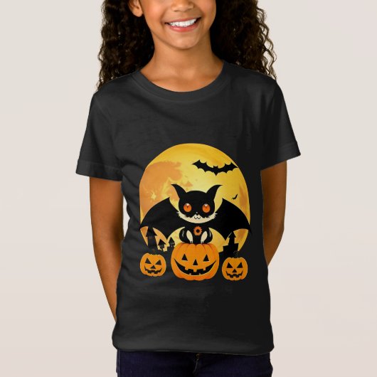 ハロウィンのコウモリキャラクターのかぼちゃシーンスタイル Tシャツ (正面)