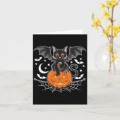 ハロウィンのコウモリ _ 黒猫の羽根 怖いネコ カード (黄色い花)