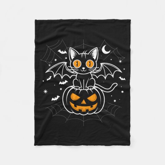 ハロウィンのコウモリ _ 黒猫の羽根 怖いネコ フリースブランケット (正面)