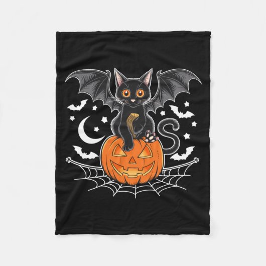 ハロウィンのコウモリ _ 黒猫の羽根 怖いネコ フリースブランケット (正面)