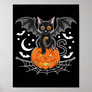 ハロウィンのコウモリ _ 黒猫の羽根 怖いネコ ポスター