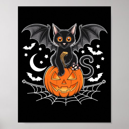 ハロウィンのコウモリ _ 黒猫の羽根 怖いネコ ポスター (正面)