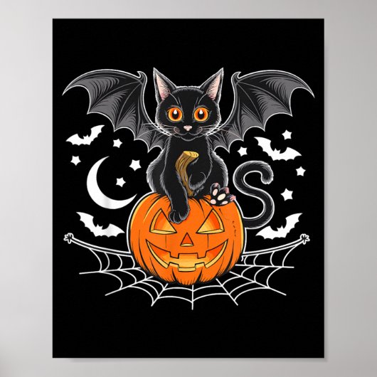 ハロウィンのコウモリ _ 黒猫の羽根 怖いネコ メンズ ポスター (正面)