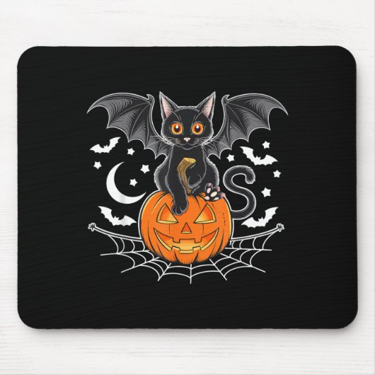 ハロウィンのコウモリ _ 黒猫の羽根 怖いネコ メンズ マウスパッド (正面)