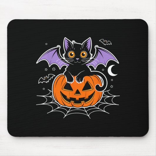ハロウィンのコウモリ _ 黒猫の羽根 怖いネコ メンズ マウスパッド (正面)