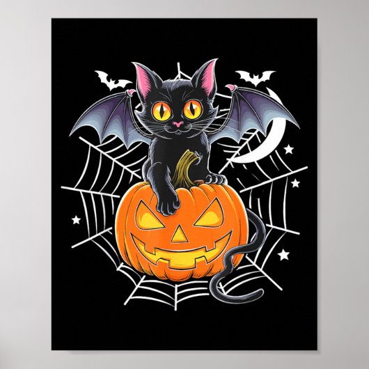 ハロウィンのコウモリ _ 黒猫の羽根 怖いネコ 男性 ポスター (正面)