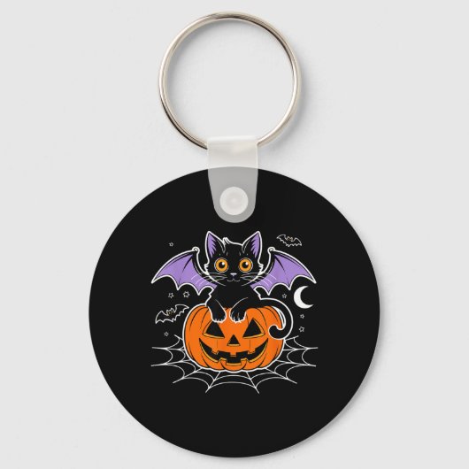 ハロウィンのコウモリ _ 黒猫の羽 根の不気味な猫の男性 キーホルダー (正面)