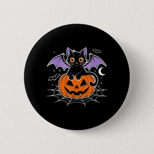 ハロウィンのコウモリ _ 黒猫の羽 根暗い猫 男性 缶バッジ (正面)