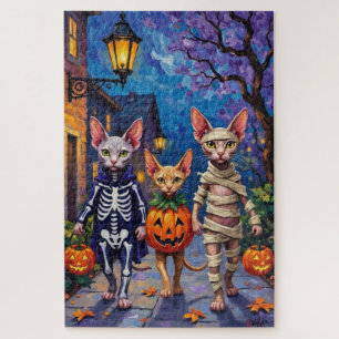 ハロウィンのコスチュームでトリック・オア・トリートをするスフィンクス猫 ジグソーパズル