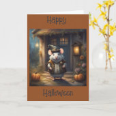 ハロウィンのコスチュームを着たかわいい太ったネズミ カード (黄色い花)