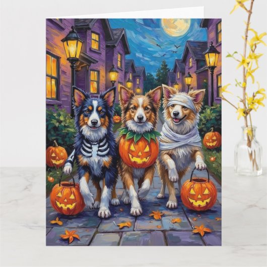 ハロウィンのコスチュームを着たシェルティ カード (黄色い花)