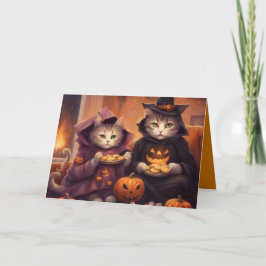 ハロウィンのコスチュームを着た2匹の子猫とお菓子 カード