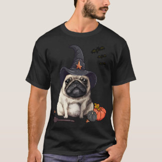 ハロウィンのコスプレをした笑顔のパグのファニーな肖像 Tシャツ