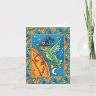 ハロウィンのコリブリとカボチャのランタンのかわいいデザイン シーズンカード