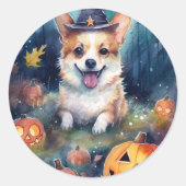ハロウィンのコーギーとかぼちゃの怖いデザイン ラウンドシール (正面)
