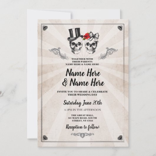 ハロウィンのゴシック様式クリーム色の招待を結婚するスカル 招待状 (正面)