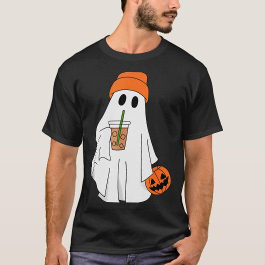 ハロウィンのゴーストがコーヒーを飲む ゴースト アイス コーヒー M Tシャツ (正面)