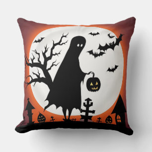 ハロウィンのゴーストとコウモリと満月 クッション