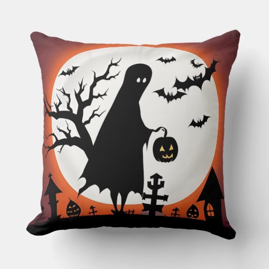 ハロウィンのゴーストとコウモリと満月 クッション (正面)