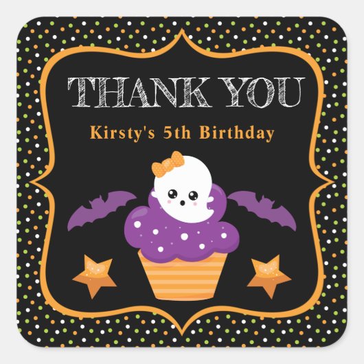 ハロウィンのゴーストカップケーキ＆水玉模様の誕生日 スクエアシール (正面)