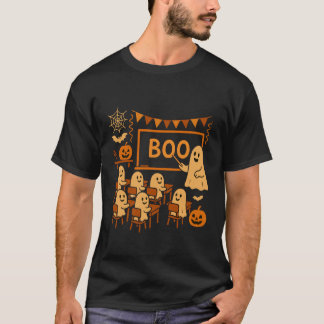 ハロウィンのゴースト教師が生徒にブーを教えている Tシャツ
